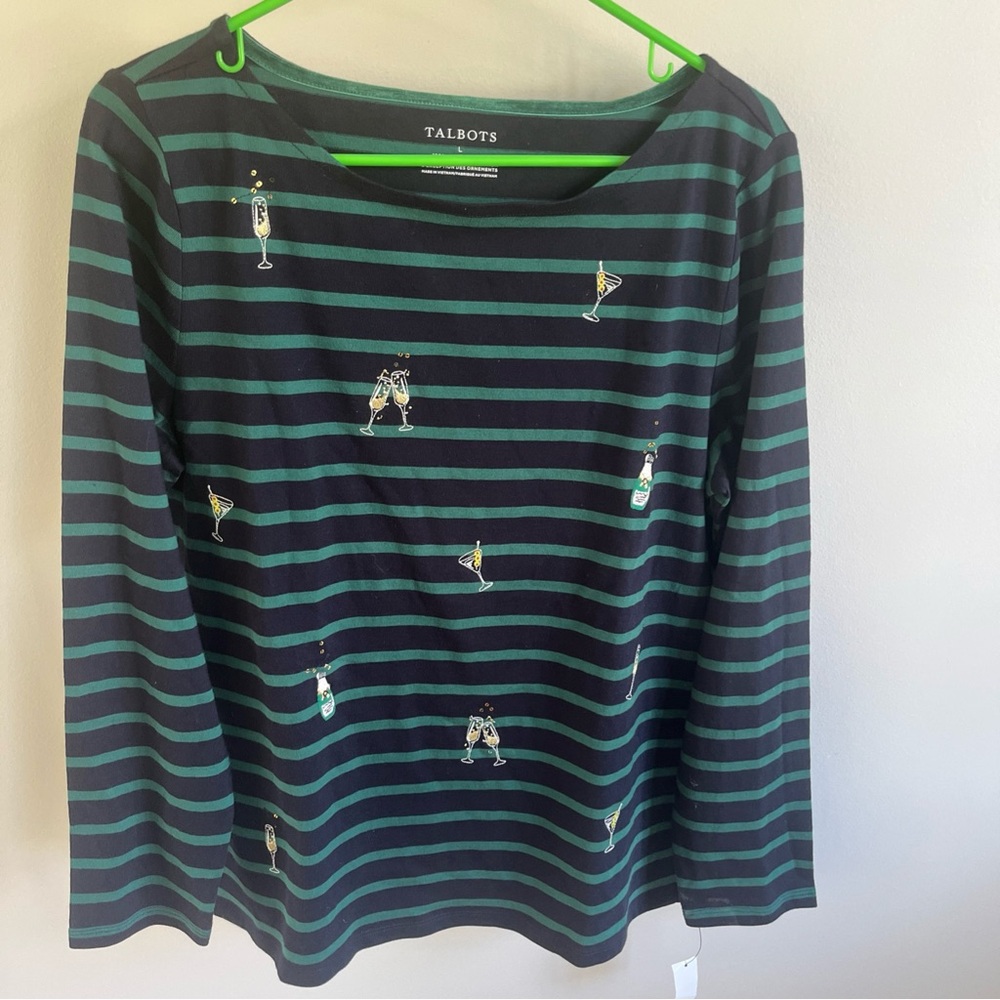 Talbots Navy and Teal Striped Top with Cocktail Motif NYE Size L